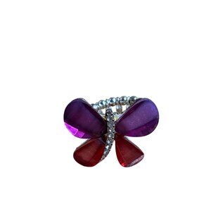Purple Red Clear Rhinestone Butterfly Stretch Ring Adjustable Silvertone